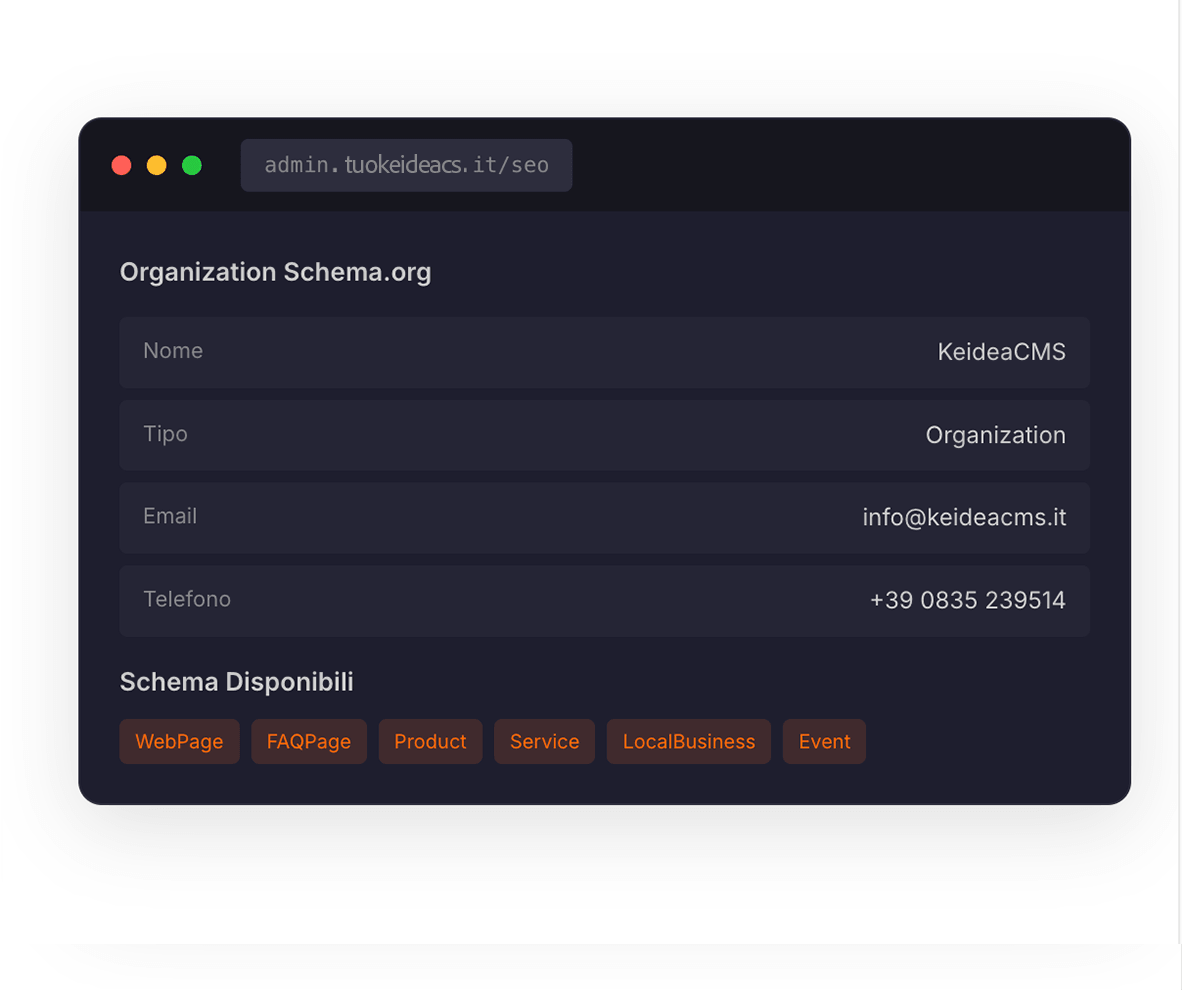 SEO Manager KeideaCMS: gestione meta tag, Schema.org e sitemap XML